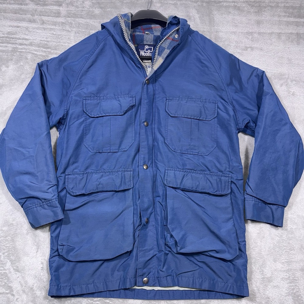 Vintage Woolrich Jacket Mens M Blue Hooded Wool Lined Parka Outdoor Made In USA